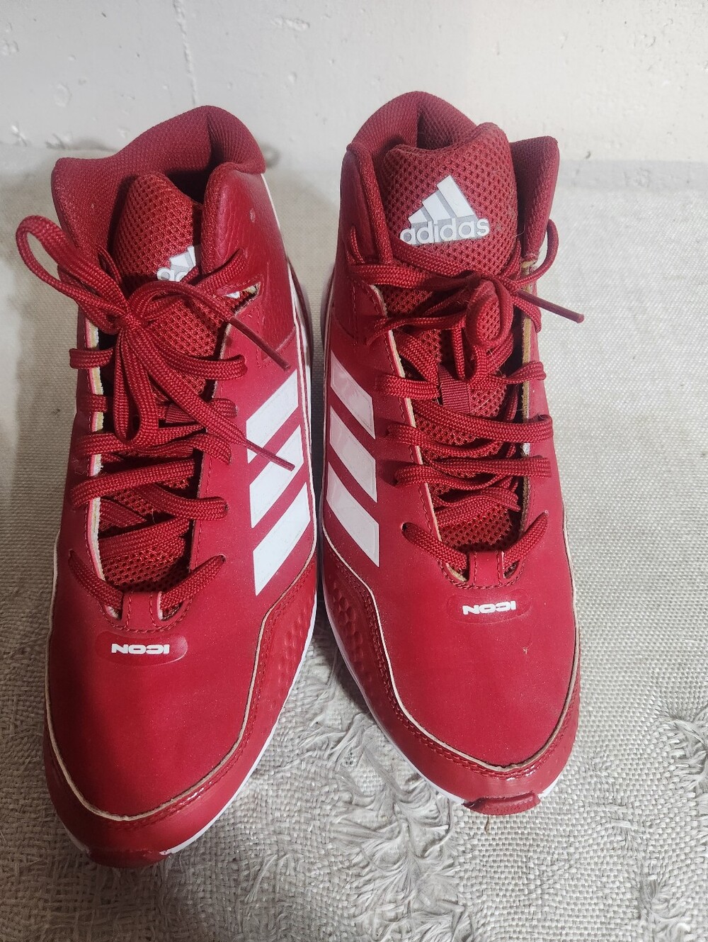 adidas Mens Red Athletic High-Top Sneakers with White Stripes